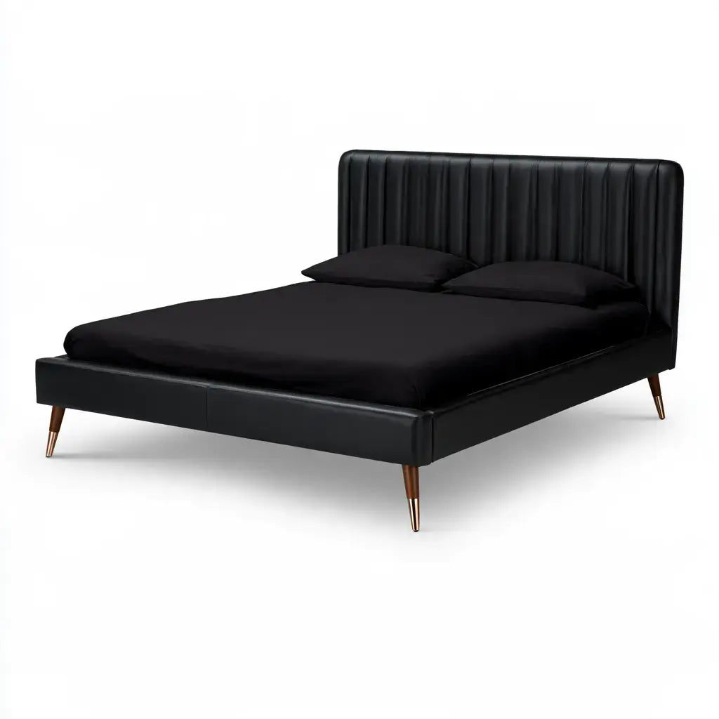 Cama con cabecero de paneles y base baja - negro