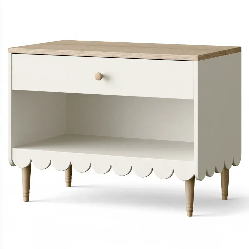 Mesita de noche con cajón y borde inferior ondulado - beige