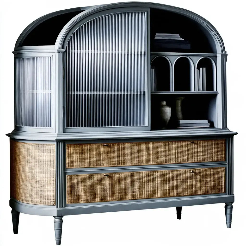 Vitrina con remate arqueado y cajones trenzados - negro/beige
